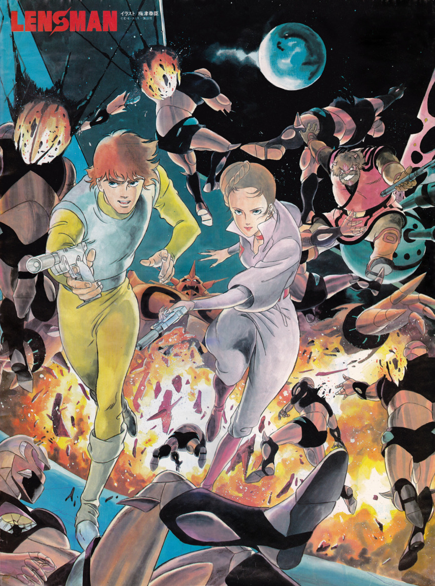 1980s_(style), 1girl, alien, android, army, battle, beard, boots