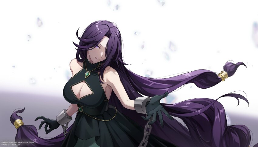 1girl, aurora_(kagejitsu), bare_shoulders, breasts, chained_wrists, cleavage_cutout, clothing_cutout, collared_dress