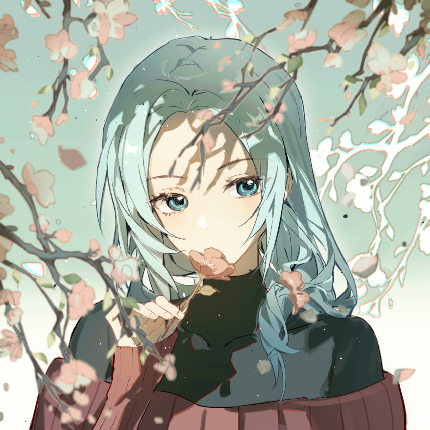 1girl, blue_eyes, blue_hair, cherry_blossoms, chinese_commentary, commentary_request, covered_collarbone, enomoto_noa, flower, flower_over_mouth, highres, holding, holding_flower, light_blue_hair, light_particles, long_hair, long_sleeves, looking_at_viewer, off-shoulder_sweater, off_shoulder, parted_bangs, pink_flower, portrait, red_sweater, ribbed_sweater, saibou_shinkyoku, solo, sweater, turtleneck, xiaohuaitongxue