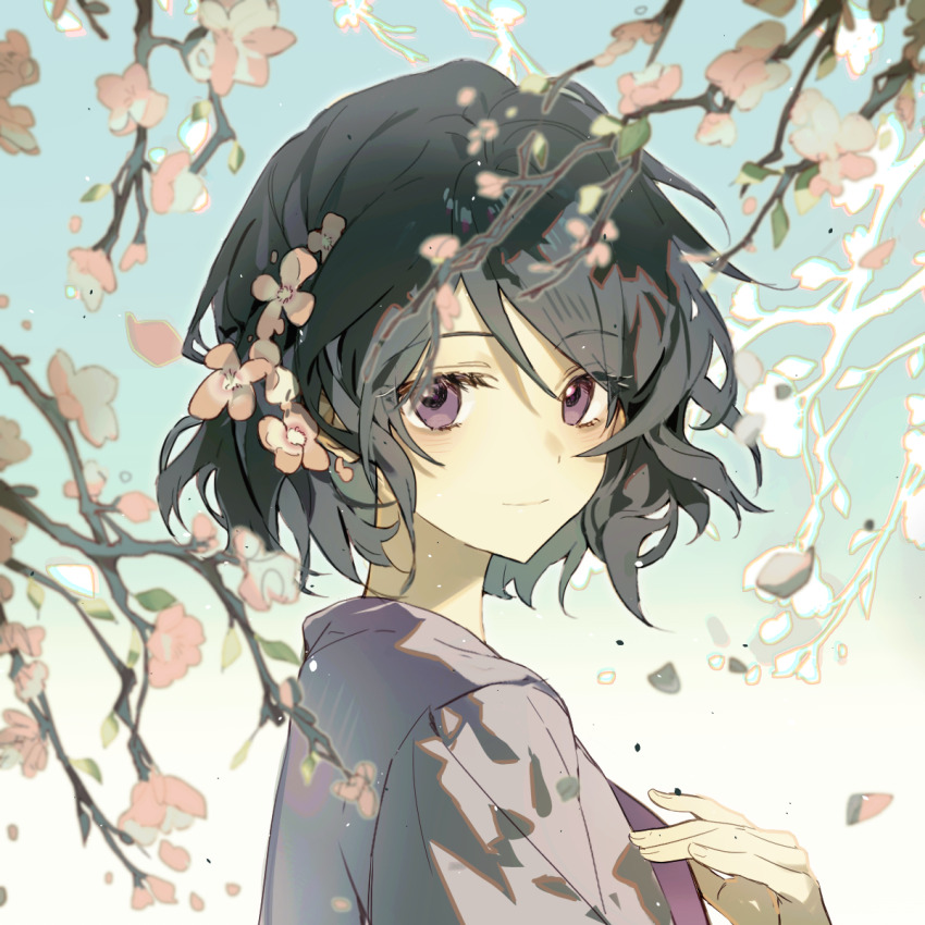 1girl, black_hair, cherry_blossoms, chinese_commentary, closed_mouth, commentary_request, flower, grey_jacket