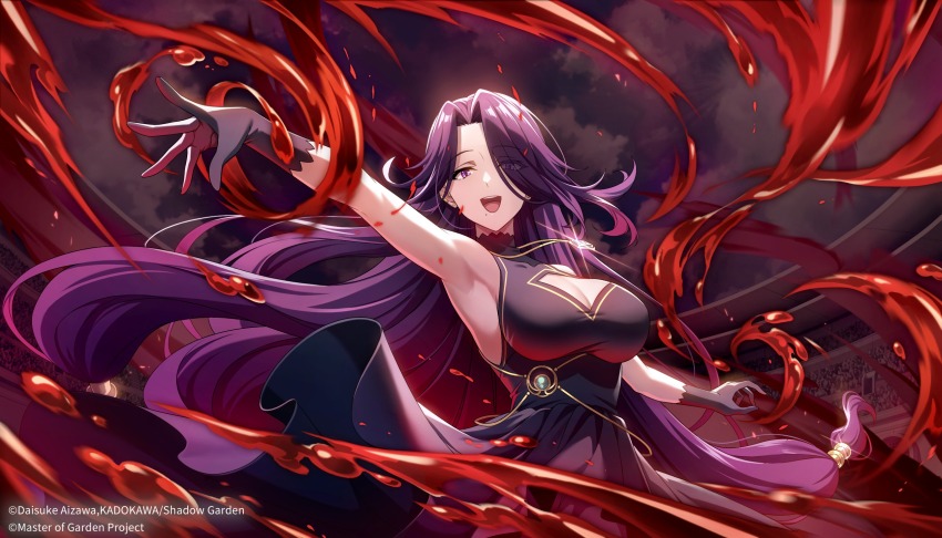 1girl, :d, aurora_(kagejitsu), bare_shoulders, black_dress, black_gloves, blood, breasts