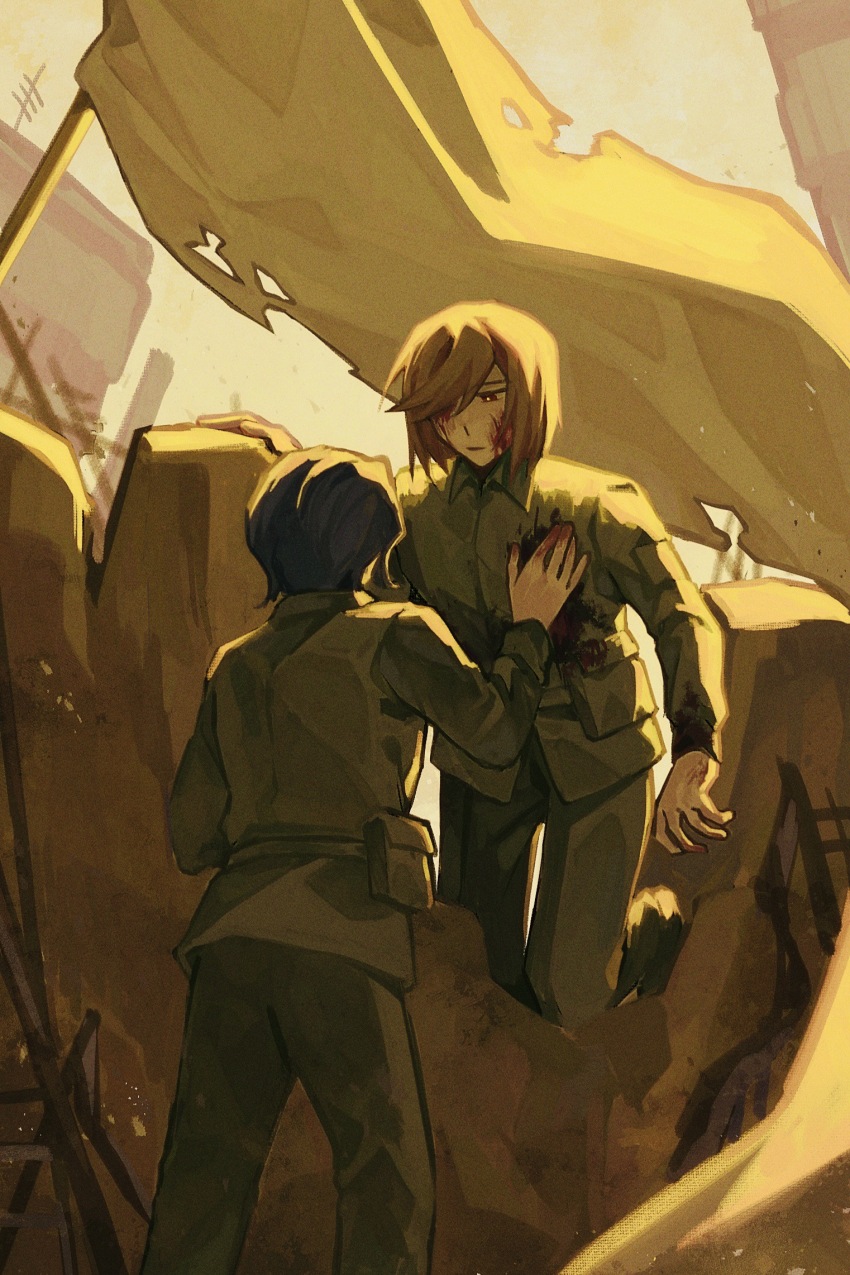 2boys, belt, blood, blood_on_clothes, blood_on_face, blood_on_hands, blue_hair, bright_pupils