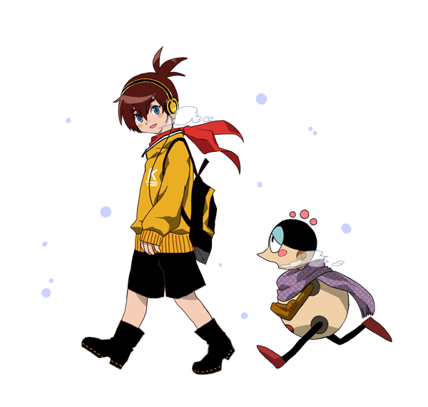 1boy, 1other, 20cal, backpack, bag, bariquand_(chargeman_ken!), black_bag, black_footwear, black_shorts, blue_eyes, brown_hair, chargeman_ken!, headset, izumi_ken, jacket, light_blush, open_mouth, red_scarf, robot, scarf, short_hair, shorts, simple_background, walking, winter_uniform, yellow_jacket