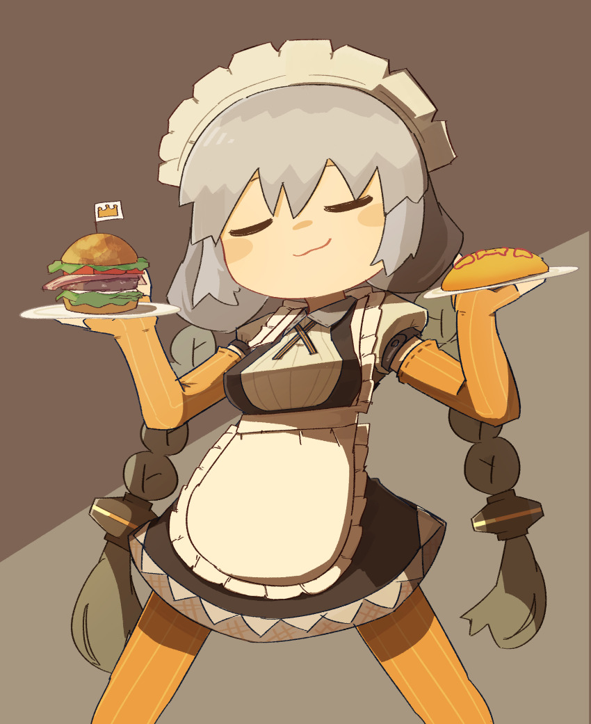 1girl, :3, absurdres, apron, black_dress, blush_stickers, braid, breasts