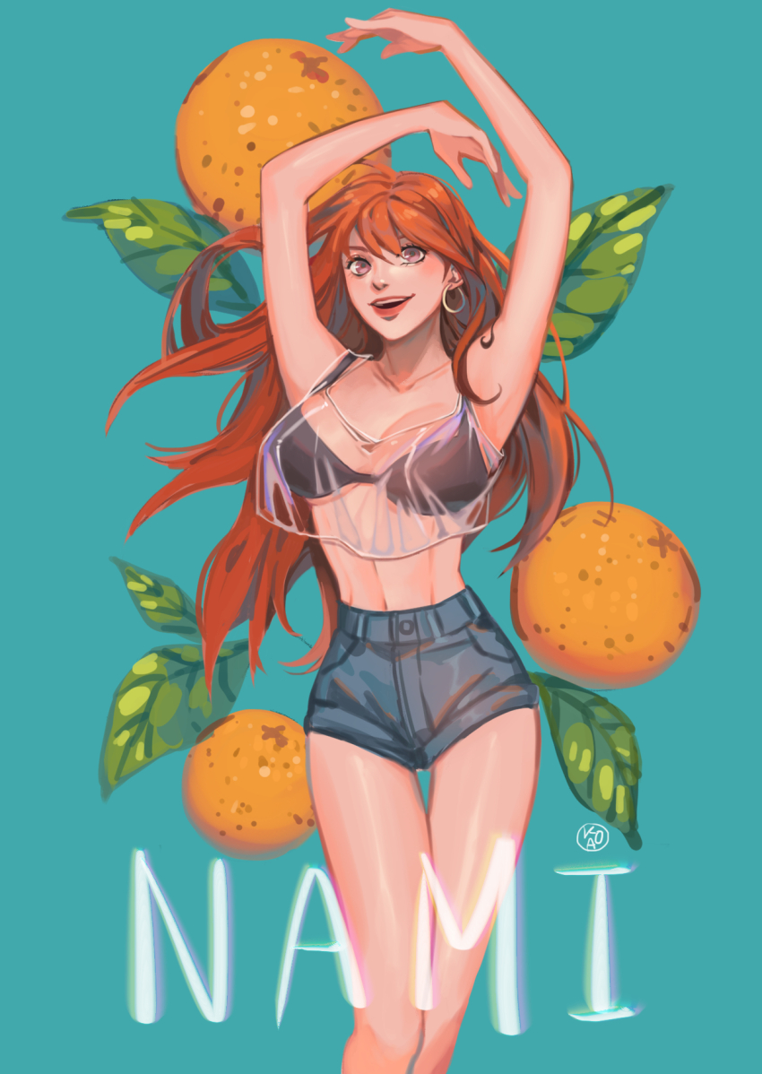 1girl, arm_tattoo, bare_shoulders, bikini, bikini_top_only, character_name, commentary, earrings, english_commentary, food, fruit, highres, hoop_earrings, jewelry, kaohom503, long_hair, mandarin_orange, nami_(one_piece), one_piece, open_mouth, orange_eyes, orange_hair, signature, smile, solo, swimsuit, tattoo, teeth
