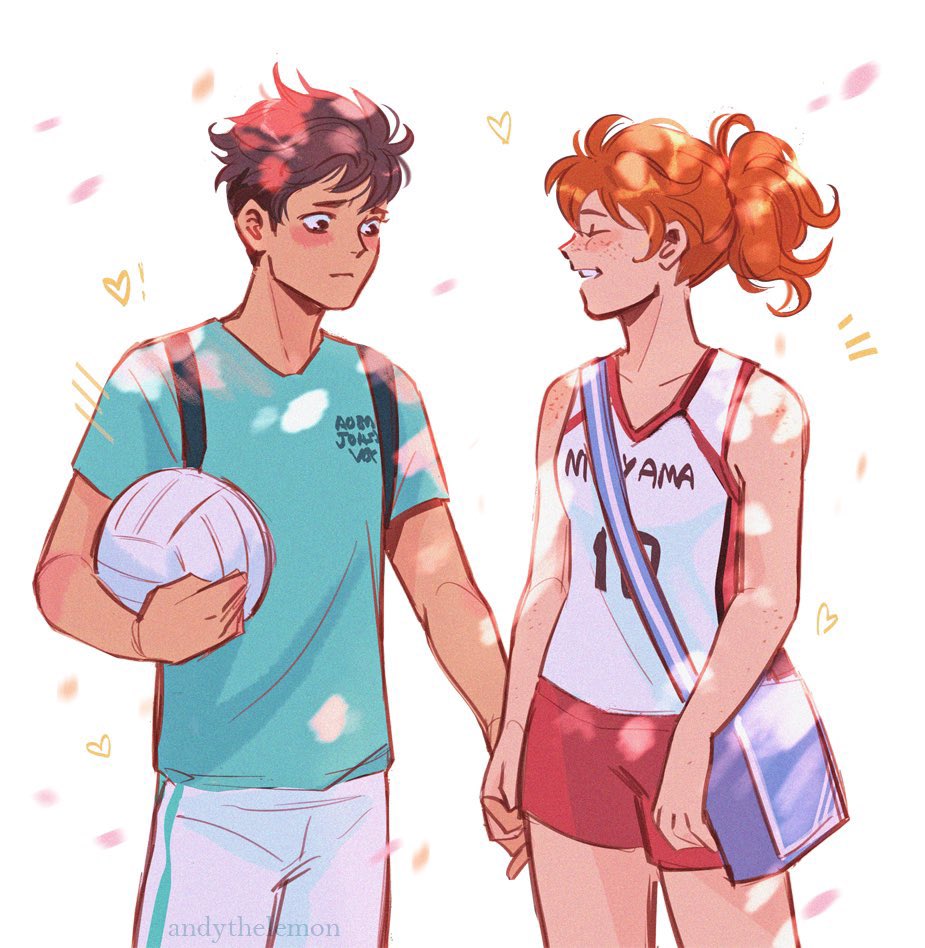 1boy, 1girl, andythelemon, aoba_johsai_volleyball_uniform, bag, ball, blush, brown_eyes, brown_hair, closed_eyes, freckles, haikyuu!!, heart, hetero, hinata_natsu, holding_hands, long_hair, oikawa_takeru, orange_hair, pale_skin, ponytail, school_bag, short_hair, sportswear, volleyball_(object), volleyball_uniform