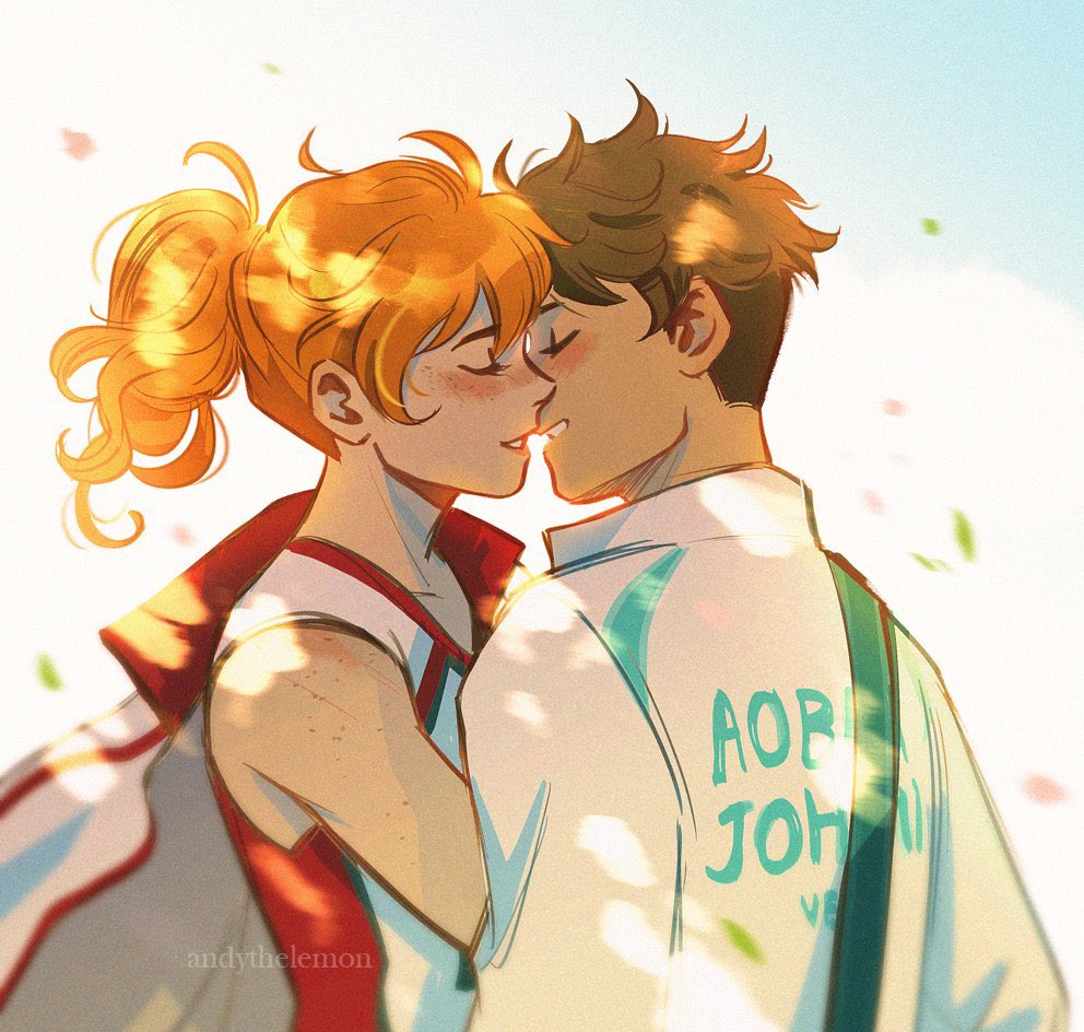 1boy, 1girl, andythelemon, aoba_johsai_volleyball_uniform, bare_shoulders, brown_hair, closed_eyes, freckles