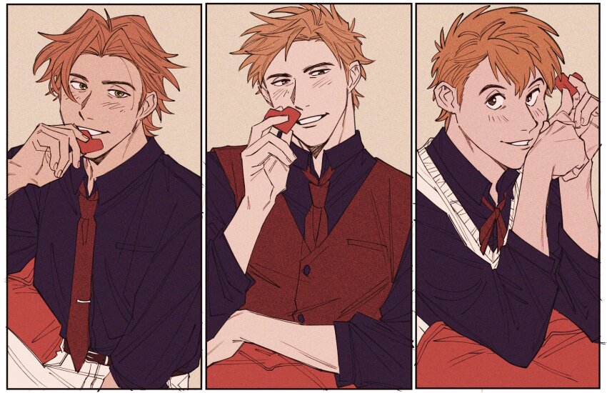 3boys, belt, black_shirt, brown_belt, brown_eyes, collared_shirt, heart, highres