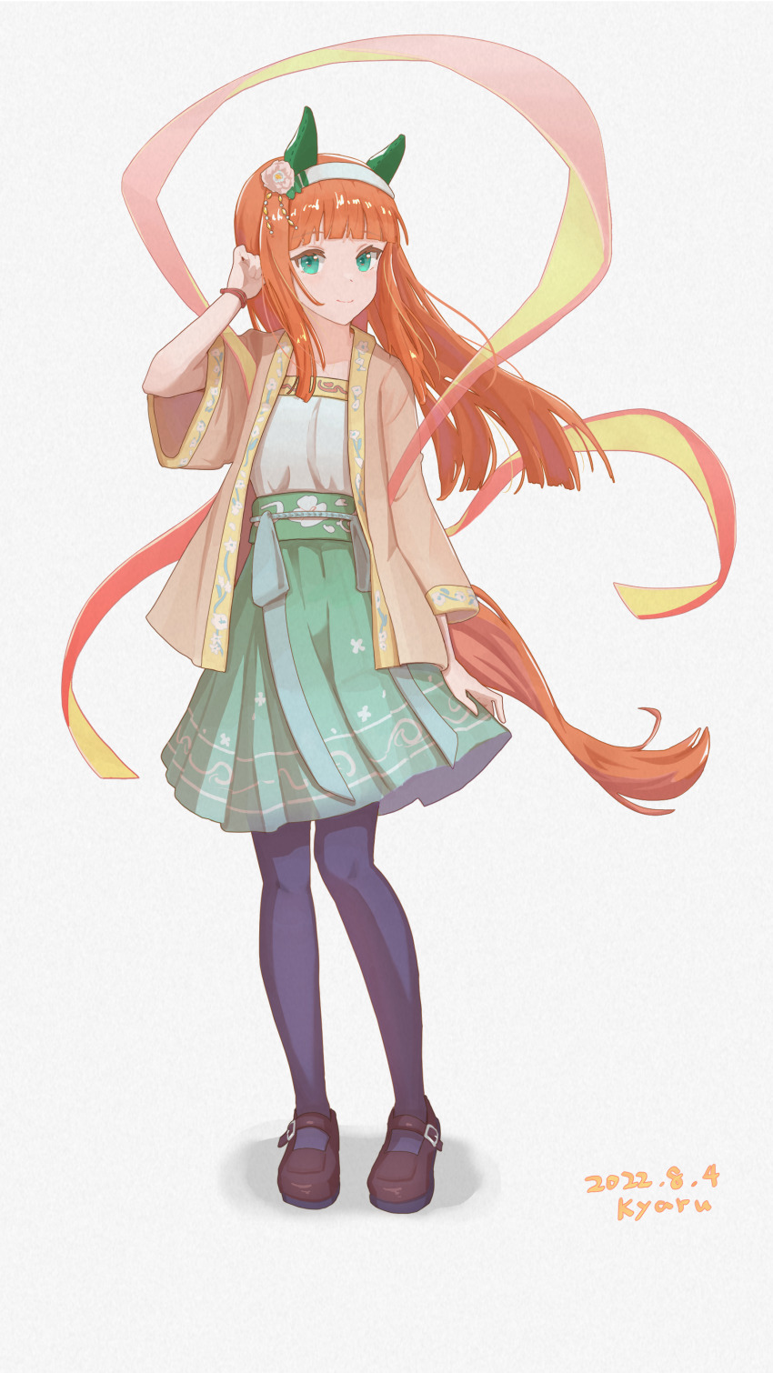 1girl, absurdres, animal_ears, artist_name, black_pantyhose, blunt_bangs, bracelet, casual