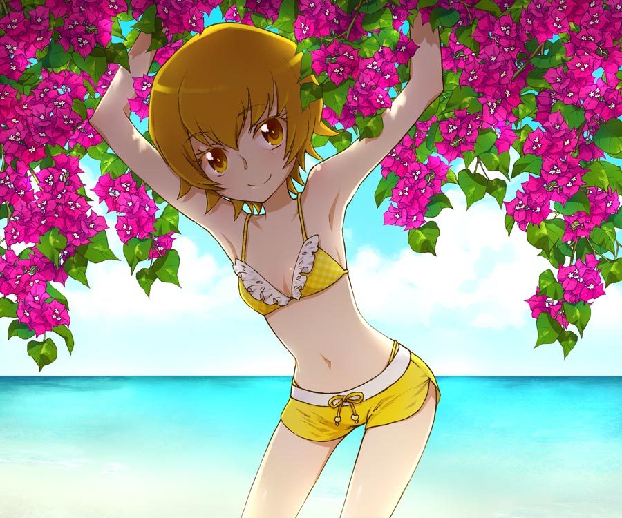 10s, 1girl, armpits, arms_up, bikini, bougainvillea_(flower), brown_eyes, brown_hair, female_focus, flat_chest, flower, heartcatch_precure!, myoudouin_itsuki, ocean, precure, saikachi, saikachi_(ogre_tree), short_hair, shorts, smile, solo, swimsuit, yellow_bikini