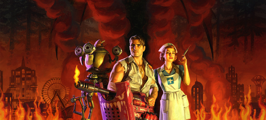 1boy, 1girl, apron, blue_shirt, brown_hair, cityscape, collared_shirt, fallout