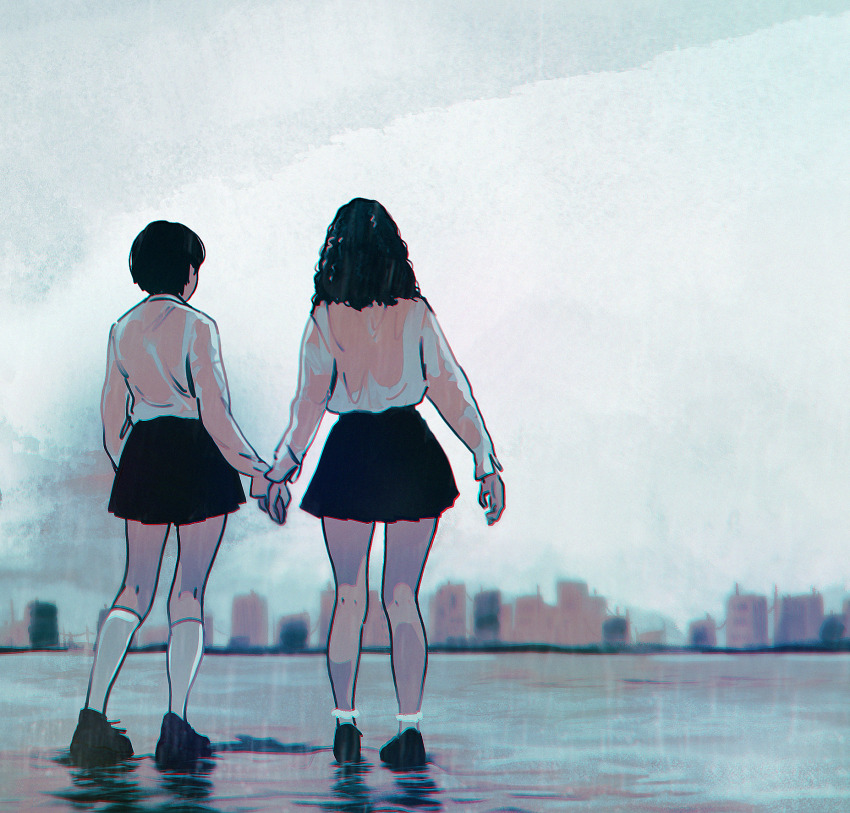 2girls, ankle_socks, chromatic_aberration, curly_hair, dress_shirt, eatslugs, elena_sergeevna_katina, frilled_socks, frills, from_behind, full_body, highres, holding_hands, kneehighs, long_hair, long_sleeves, multiple_girls, outdoors, photo-referenced, pleated_skirt, rain, real_life, russia, school_uniform, shirt, short_hair, skirt, sky, skyline, socks, tatu, wet, wet_clothes, yulia_olegovna_volkova, yuri