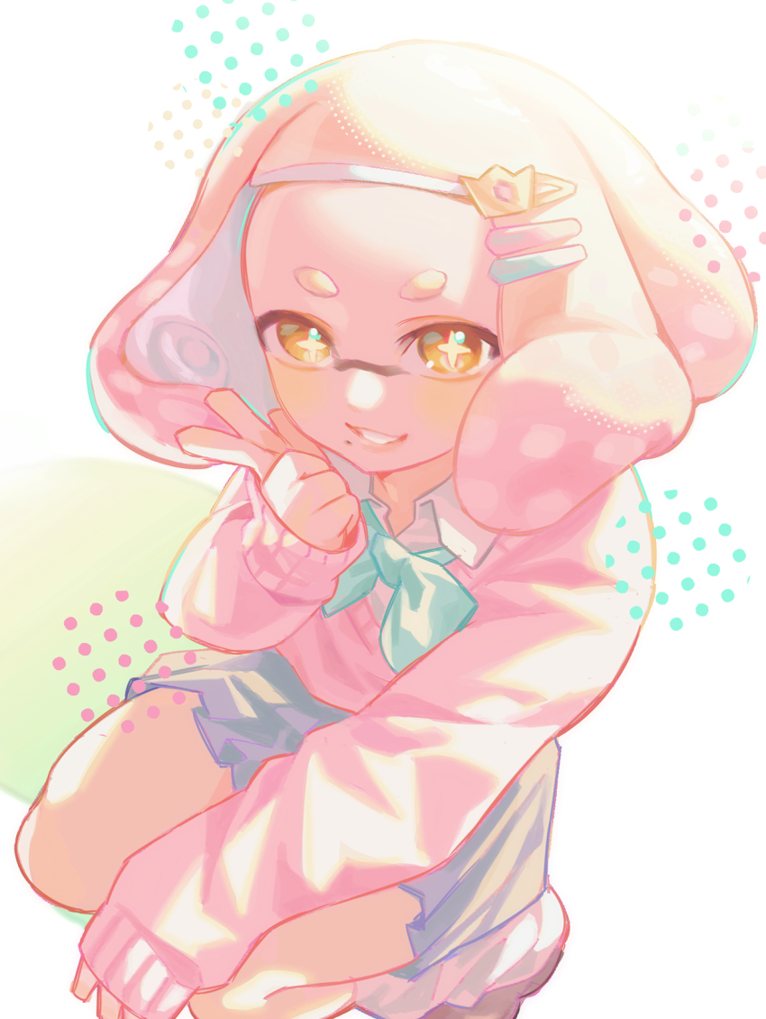 1girl, aqua_bow, aqua_bowtie, bow, bowtie, bright_pupils, grey_skirt, hair_ornament