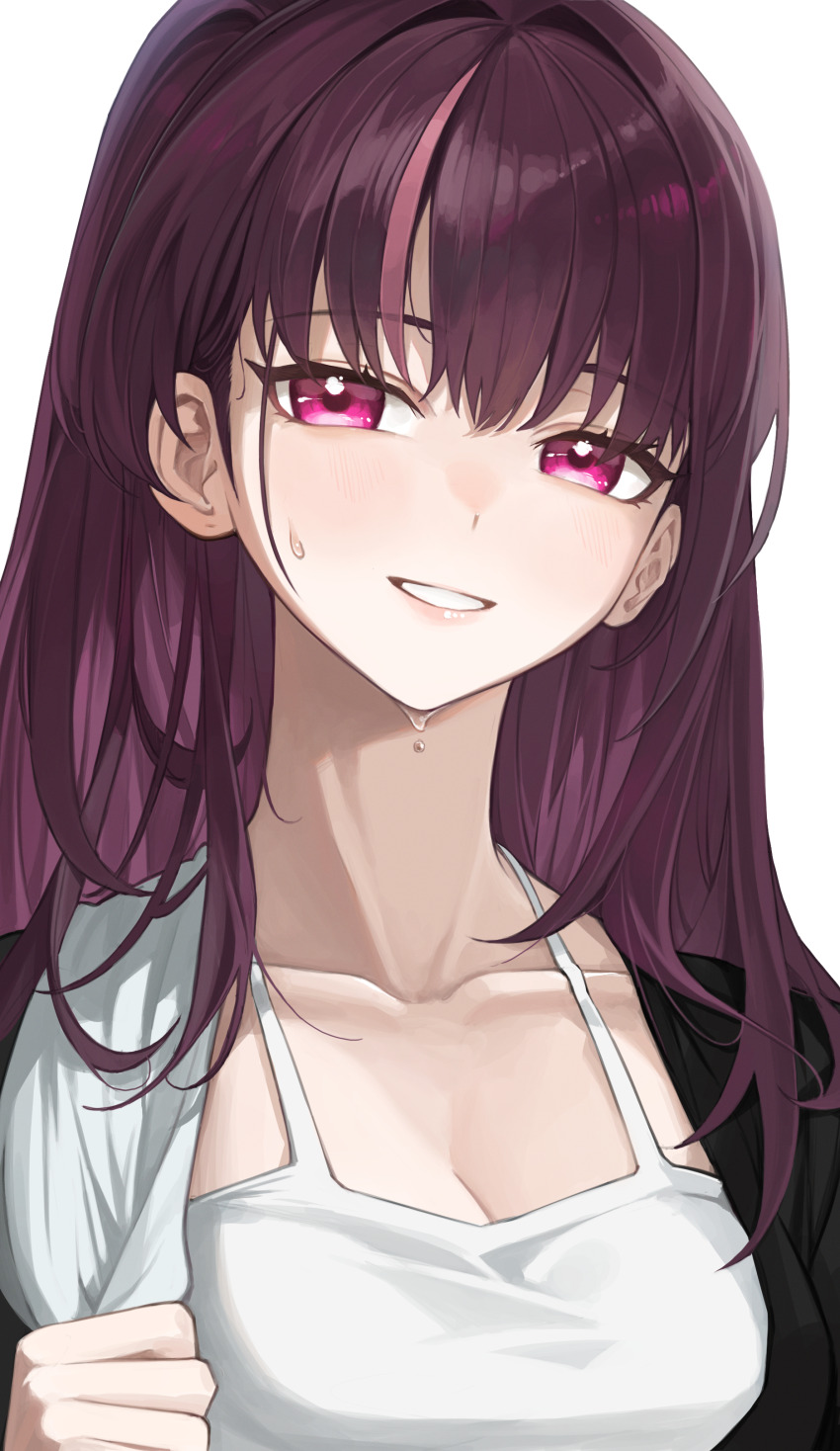 1girl, absurdres, black_shirt, breasts, camisole, collarbone, dripping, highres