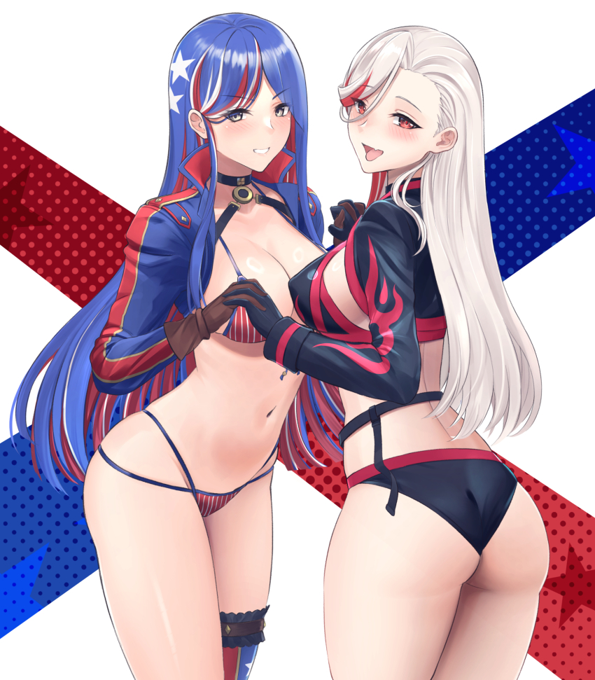 2girls, ass, bikini, black_choker, black_gloves, blue_hair, blush, breasts, brown_gloves, choker, cleavage, cosplay, fang, fate/grand_order, fate_(series), gloves, grey_hair, grin, highres, jeanne_d'arc_alter_(fate), jeanne_d'arc_alter_(swimsuit_berserker)_(fate), jeanne_d'arc_alter_(swimsuit_berserker)_(fate)_(cosplay), kantai_collection, large_breasts, long_hair, long_sleeves, looking_at_viewer, massachusetts_(kancolle), miyamoto_musashi_(fate), miyamoto_musashi_(fate/grand_order), miyamoto_musashi_(swimsuit_berserker)_(fate), miyamoto_musashi_(swimsuit_berserker)_(second_ascension)_(fate), miyamoto_musashi_(swimsuit_berserker)_(second_ascension)_(fate)_(cosplay), multicolored_hair, multiple_girls, odachu, open_mouth, red_eyes, red_hair, skin_fang, smile, south_dakota_(kancolle), star_(symbol), streaked_hair, swimsuit, tongue, tongue_out, yellow_eyes