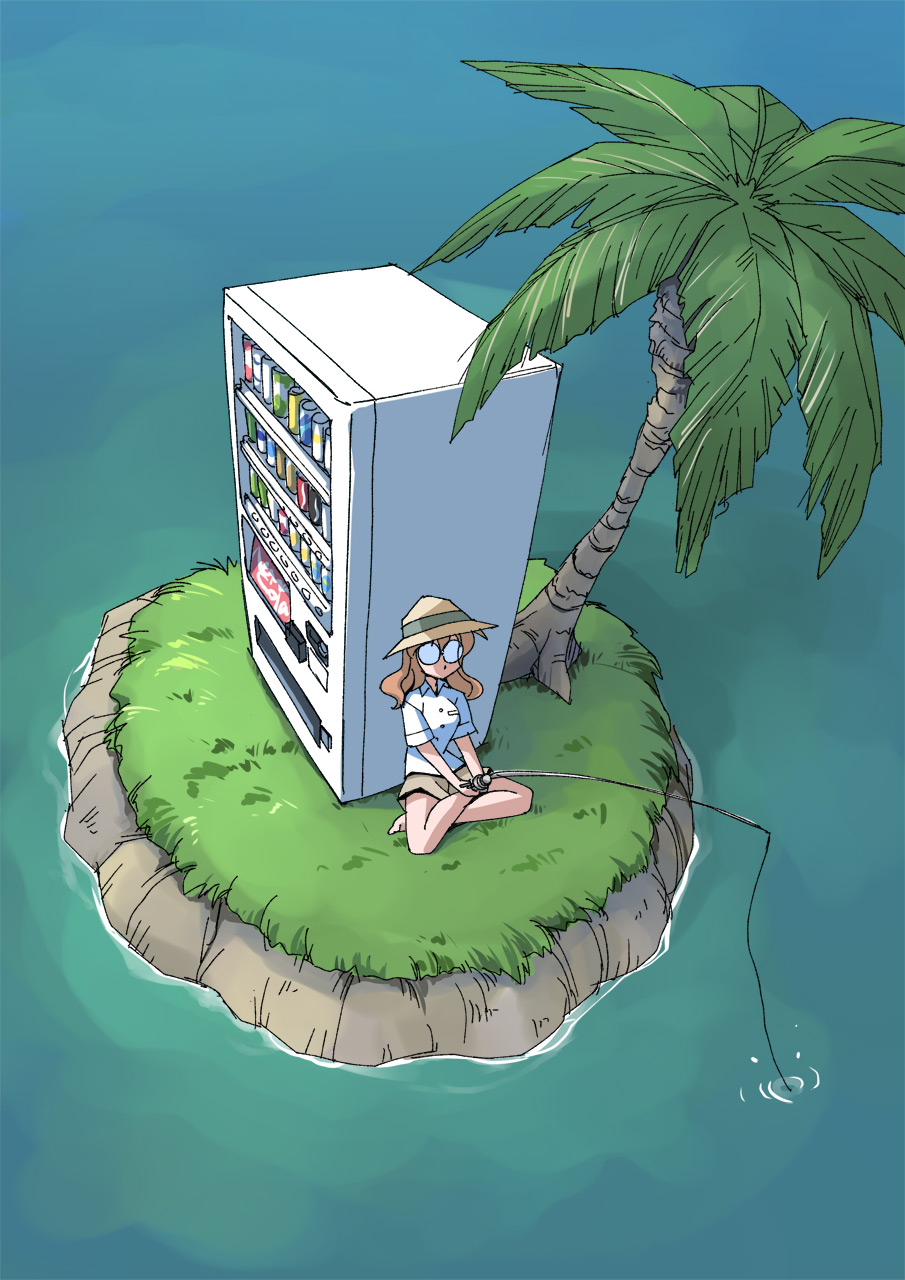 1girl, blonde_hair, brown_shorts, crossed_legs, fishing, fishing_rod, from_above, full_body