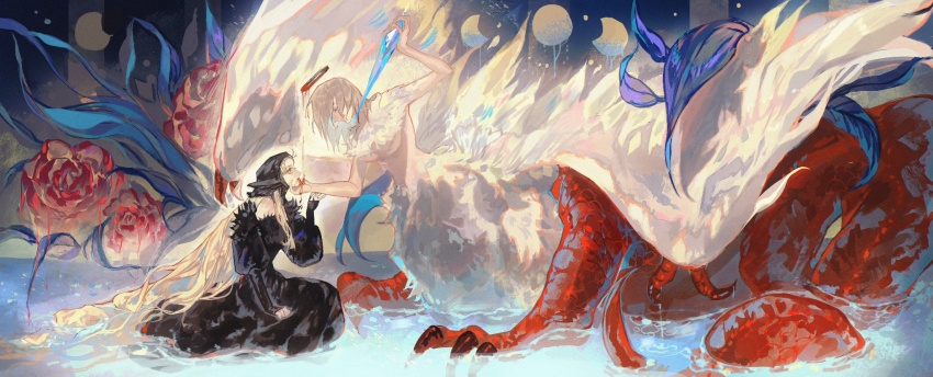 2girls, bare_shoulders, bird_wings, black_dress, black_headscarf, black_sleeves, blonde_hair, blood