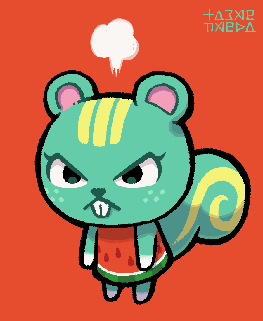 1girl, angry, animal_crossing, arms_at_sides, buck_teeth, dress, food_print, freckles, fruit_print, full_body, furry, furry_female, head_steam, nibbles_(animal_crossing), nintendo, numae_kaeru, print_dress, red_background, simple_background, solo, squirrel, squirrel_girl, standing, teeth, watermelon_print