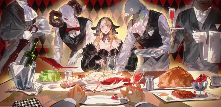 2girls, 4boys, antenna_hair, ascot, bird_boy, black_dress, black_sleeves, black_vest, blonde_hair, blood, bottle, bow, bowtie, breasts, butler, cannibalism, chalice, cleavage, collarbone, cup, curled_horns, detached_sleeves, dress, drinking_glass, dungeon_meshi, falin_touden, falin_touden_(chimera), feast, food, fur-trimmed_sleeves, fur_trim, furry, furry_male, gelatin, gloves, goat_boy, goat_horns, green_eyes, hai_wan_wan_wan, handkerchief, headscarf, highres, holding, holding_cup, holding_food, holding_knife, holding_tray, holding_umbrella, horns, knife, long_hair, looking_at_viewer, marcille_donato, marcille_donato_(lord), meat, medium_breasts, mini_person, minigirl, multiple_boys, multiple_girls, on_plate, open_mouth, out_of_frame, pants, pin, plate, red_bow, red_bowtie, serving_dome, shirt, size_difference, sleeves_past_wrists, sparkle, spoilers, strapless, strapless_dress, swept_bangs, table, tray, umbrella, upper_body, vest, white_ascot, white_bow, white_bowtie, white_gloves, white_pants, white_shirt, wine_bottle, wine_glass