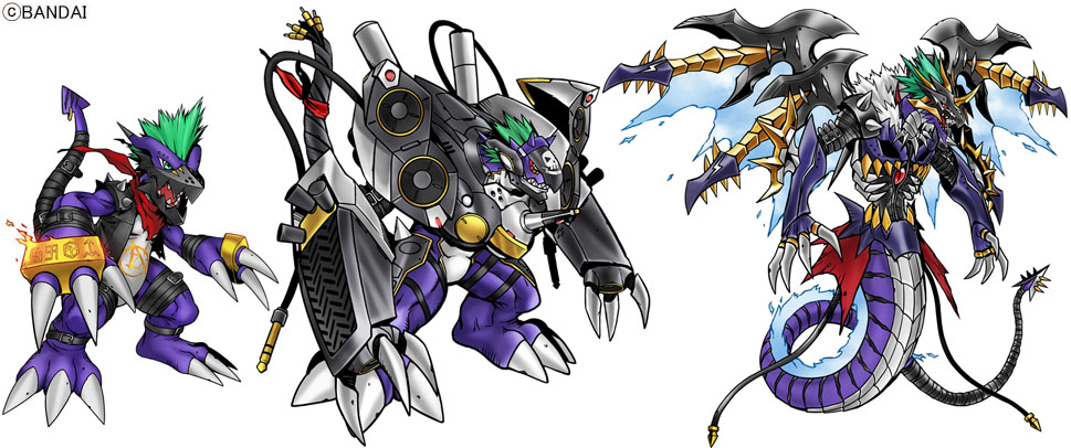bandai, bandana, bandana_around_neck, black_vest, brass_knuckles, claws, colored_skin, commentary_request, copyright_name, digimon, digimon_(creature), digimon_liberator, dragon, electric_guitar, energy_wings, evolutionary_line, fewer_digits, full_body, green_eyes, green_hair, guitar, heavymetaldramon, instrument, loudmon, mechanical_wings, mohawk, muscular, official_art, punkmon, purple_skin, red_bandana, red_eyes, sharp_teeth, short_hair, simple_background, skull_print, speaker, spiked_hair, teeth, vest, weapon, white_background, wings