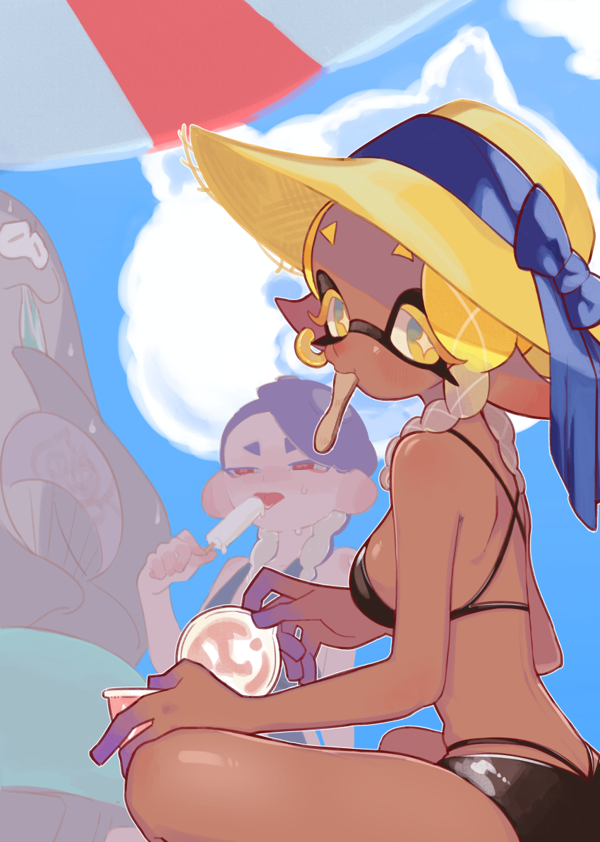 1boy, 2girls, absurdres, alternate_costume, alternate_hairstyle, bare_shoulders, big_man_(splatoon), bikini