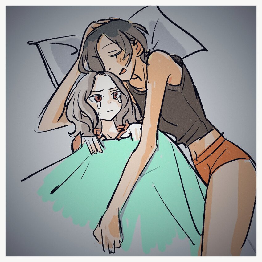 2girls, blush, closed_eyes, commentary_request, crying, crying_with_eyes_open, ebizuka_tomo, girls_band_cry