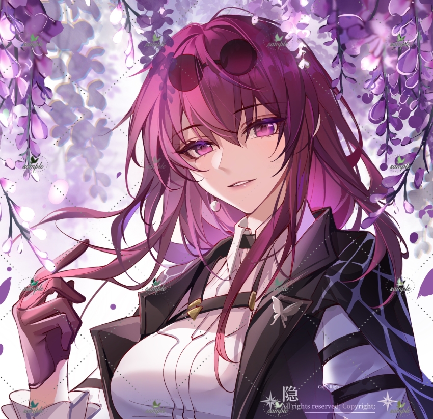 1girl, arm_strap, black_jacket, butterfly_pin, collared_shirt, earrings, eyewear_on_head, flower