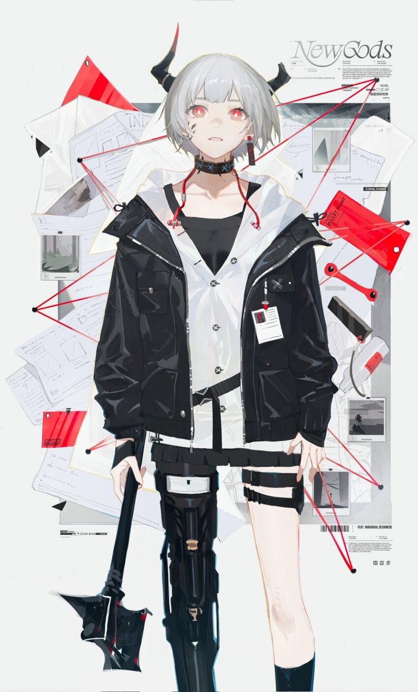 1girl, arknights, axe, black_horns, black_jacket, broken_horn, cowboy_shot, doveop