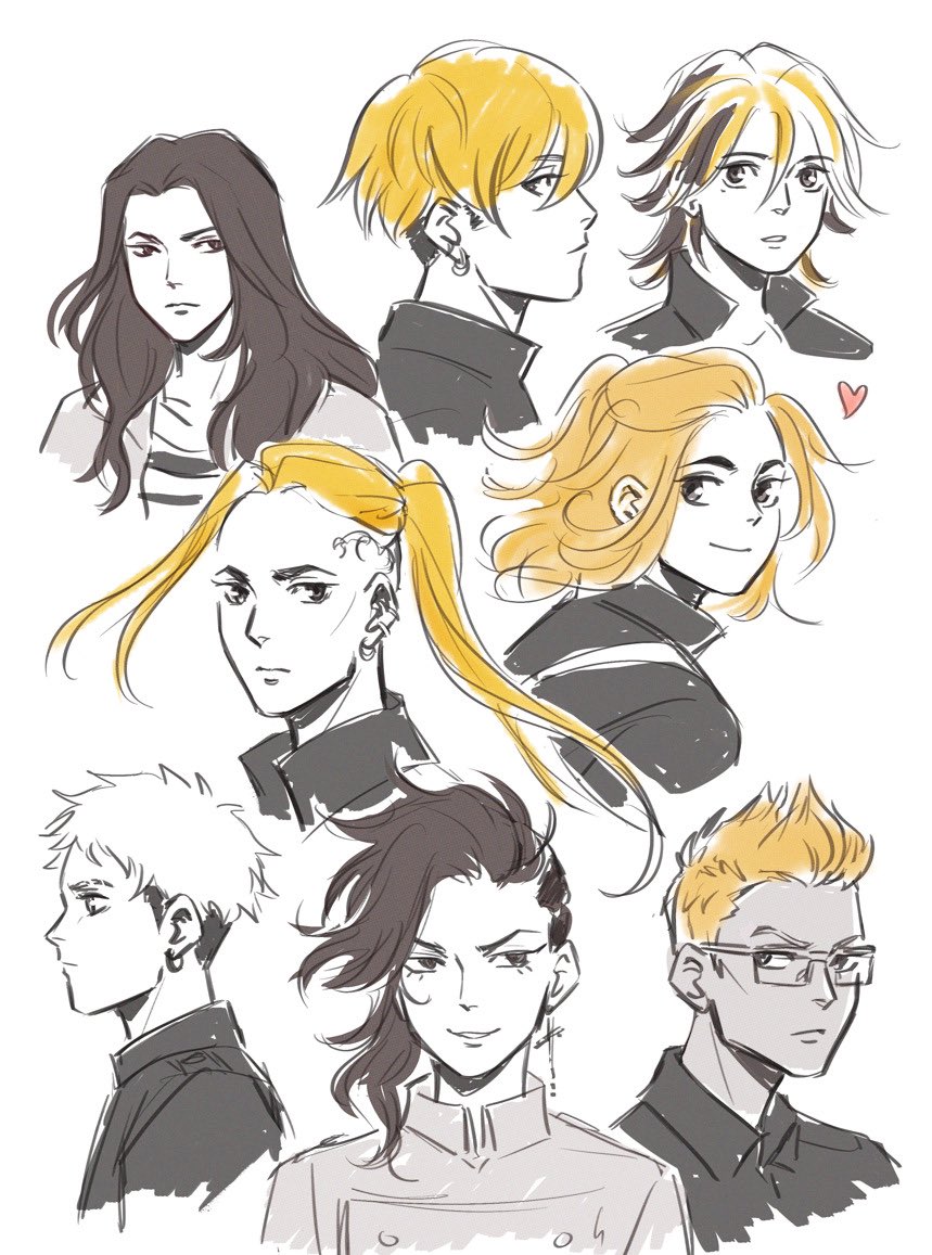 6+boys, andythelemon, baji_keisuke, blonde_hair, cross, earrings, eyebrows, eyelashes, hanemiya_kazutora, jewelry, kisaki_tetta, kokonoi_hajime, long_hair, matsuno_chifuyu, mitsuya_takashi, mole, mole_under_eye, multiple_boys, piercing, ponytail, ryuuguuji_ken, sano_manjirou, short_hair, sketch, skull_tattoo, spiked_hair, tattoo, tokyo_revengers, undercut, white_background