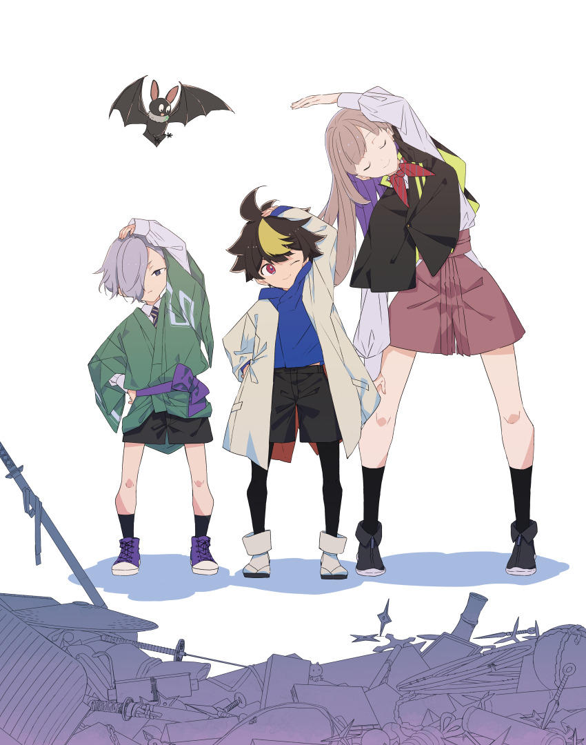1girl, 2boys, absurdres, bat_(animal), black_hair, black_shorts, blonde_hair, boots, bow, bowtie, capelet, closed_eyes, coat, full_body, grey_hair, hair_over_one_eye, hakama, hakama_shorts, happi, highres, japanese_clothes, kamari_(ninja_skooler), key_visual, kinemacitrus, kneehighs, leggings, light_brown_hair, long_hair, long_sleeves, multicolored_hair, multiple_boys, necktie, ninja_skooler, official_art, okachi_machi, one_eye_closed, promotional_art, rappa_(ninja_skooler), shirt, short_hair, shorts, socks, standing, streaked_hair, stretching, white_background, white_coat, white_shirt