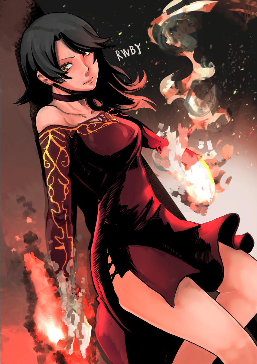 1girl, black_choker, black_hair, choker, cinder_fall, dress, fire, highres, long_hair, looking_at_viewer, off-shoulder_dress, off_shoulder, omigawa_namari, red_dress, rwby, solo, thighs, yellow_eyes