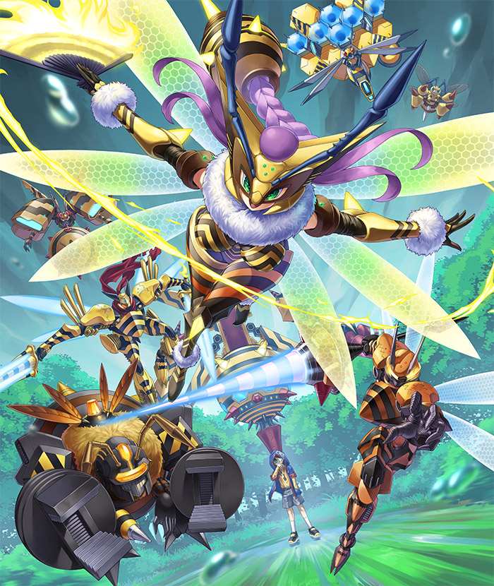 1boy, 1girl, 6+others, antennae, armor, arthropod_girl, bee, black_armor, black_bodysuit, black_hair, blonde_hair, blue_jacket, blurry, blurry_foreground, bodysuit, breasts, bug, cannon, cannonbeemon, collared_shirt, cyborg, digimon, digimon_(creature), digimon_(virtual_pet), digimon_card_game, digimon_liberator, dual_wielding, energy_blade, energy_sword, evolutionary_line, forest, forgebeemon, funbeemon, fur_trim, grass, green-framed_eyewear, green_eyes, hand_fan, hand_in_pocket, holding, holding_fan, holding_polearm, holding_sword, holding_weapon, hood, hood_up, hooded_jacket, incoming_attack, insect, insect_wings, jacket, joints, kazuki_seihou, lance, large_breasts, leotard, long_hair, looking_at_viewer, mask, mechanical_arms, motion_lines, multicolored_hair, multiple_others, multiple_wings, nature, non-humanoid_robot, official_art, one_eye_closed, open_mouth, polearm, purple_hair, queenbeemon, red_scarf, robot, robot_animal, scarf, semi-rimless_eyewear, shirt, streaked_hair, striped_clothes, striped_leotard, sword, teamwork, tigervespamon, trait_connection, two-tone_hair, under-rim_eyewear, vespamon, virtual_pet_(toy), wasp, waspmon, water_drop, weapon, wings, winr, yellow_armor, yellow_shirt