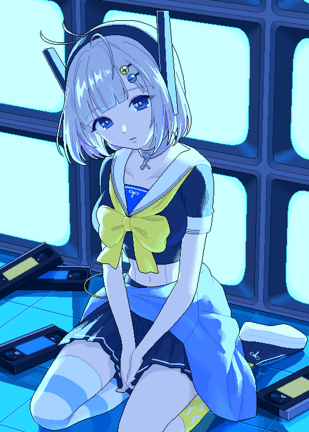 1girl, android, arms_between_legs, asymmetrical_legwear, blue_eyes, blue_jacket, blue_socks, blunt_bangs