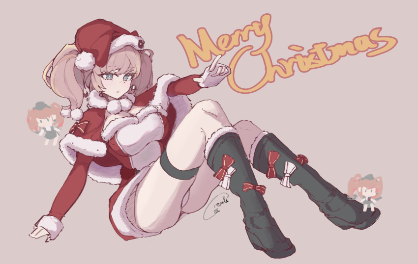 3girls, absurdres, atlanta_(christmas)_(kancolle), atlanta_(kancolle), breasts, brown_hair, capelet, corinalyce1