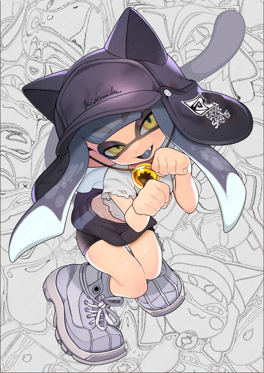 1girl, abstract_background, animal_hat, artist_name, bell, bike_shorts, bike_shorts_under_skirt, black_hat