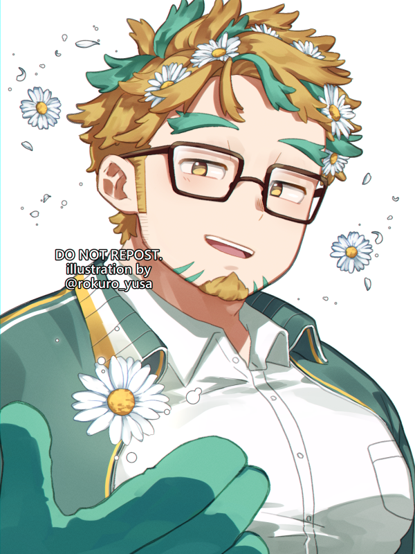 1boy, bara, facial_hair, fat, fat_man, florakinesis, flower, glasses
