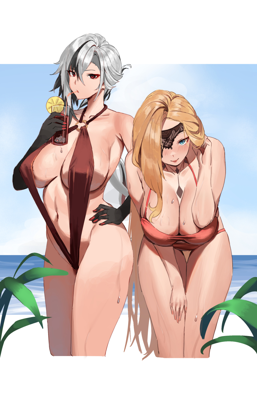 2girls, absurdres, arlecchino_(genshin_impact), bairimeng, black_eyes, black_hair, black_skin, blonde_hair