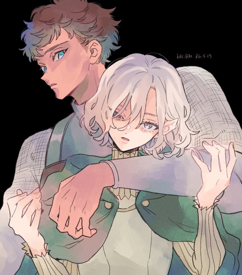 2boys, androgynous, arm_around_neck, armor, black_hair, blue_eyes, chainmail, cloak