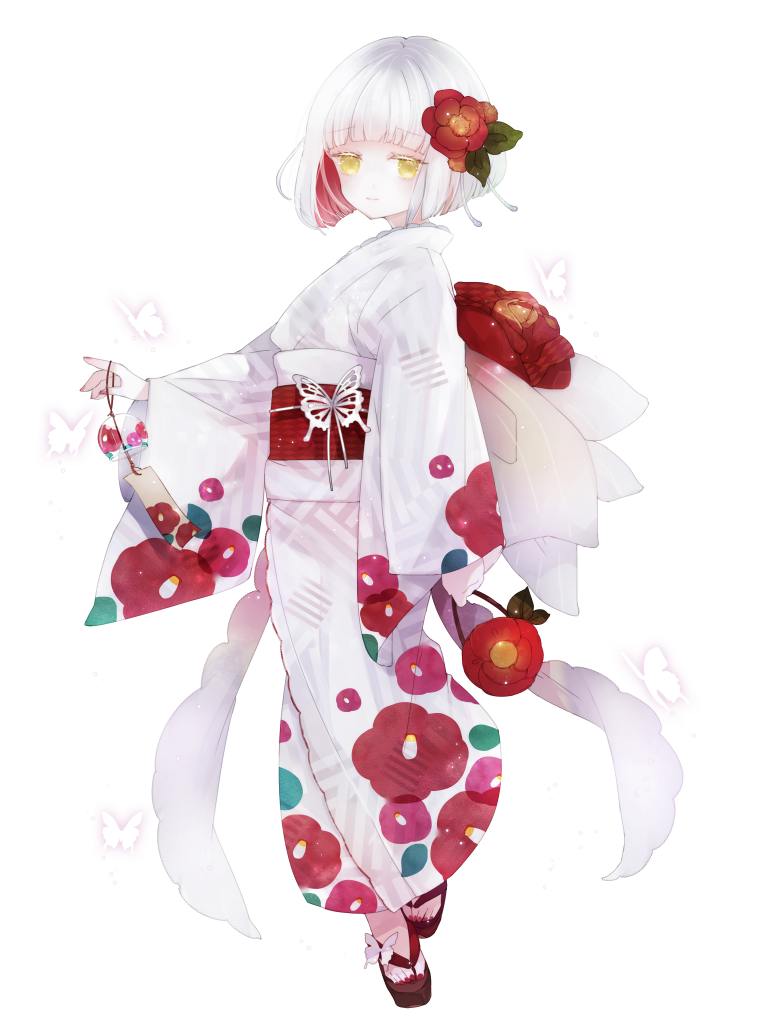 1girl, blunt_bangs, bug, butterfly, camellia, colored_inner_hair, dairoku_ryouhei, floral_print, flower, full_body, hair_flower, hair_ornament, insect, japanese_clothes, kagari_tsubaki, kimono, looking_at_viewer, multicolored_hair, obi, red_hair, red_nails, rittz_tw, sandals, sash, short_hair, standing, white_butterfly, white_hair, wide_sleeves, wind_chime, yellow_eyes