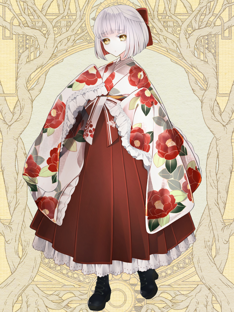 1girl, black_footwear, bow, brown_dress, colored_inner_hair, dairoku_ryouhei, dress, floral_print, full_body, kagari_tsubaki, long_sleeves, looking_at_viewer, multicolored_hair, red_bow, sajitara_shiori, short_hair, sleeves_past_fingers, sleeves_past_wrists, solo, standing, white_hair, wide_sleeves, yellow_background, yellow_eyes