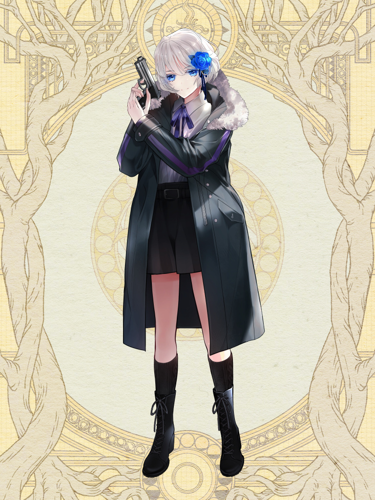 1girl, black_shorts, black_socks, blue_eyes, coat, cross-laced_footwear, dairoku_ryouhei, flower, full_body, fur-trimmed_coat, fur_trim, gun, haiki_yuhana, hair_flower, hair_ornament, holding, holding_gun, holding_weapon, long_sleeves, looking_at_viewer, purple_ribbon, ribbon, sajitara_shiori, shirt, short_hair, shorts, socks, solo, standing, weapon, white_hair, white_shirt, yellow_background