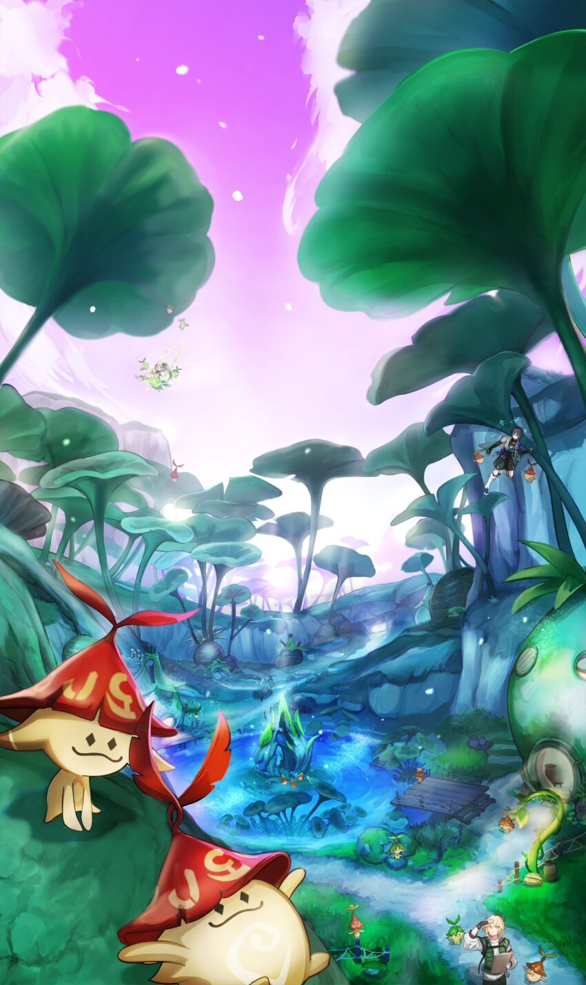 1girl, 2boys, :d, ^_^, aranara_(genshin_impact), arm_up, black_gloves, black_hair