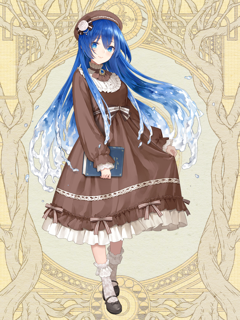 1girl, black_shoes, blue_eyes, blue_gem, blue_hair, book, brown_dress, brown_hat, brown_ribbon, dairoku_ryouhei, dress, dress_ribbon, full_body, gem, gradient_hair, hair_ornament, hat, holding_own_dress, long_hair, looking_at_viewer, mafuyu_(tw), mary_janes, multicolored_hair, ribbon, shoes, smile, socks, solo, standing, very_long_hair, yellow_background