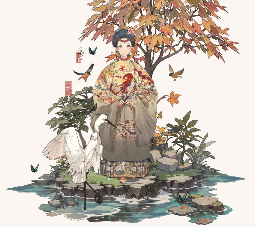 1girl, absurdres, anata_no_utahime_(lzr13708949567), autumn_leaves, bird, black_hair, braid, branch