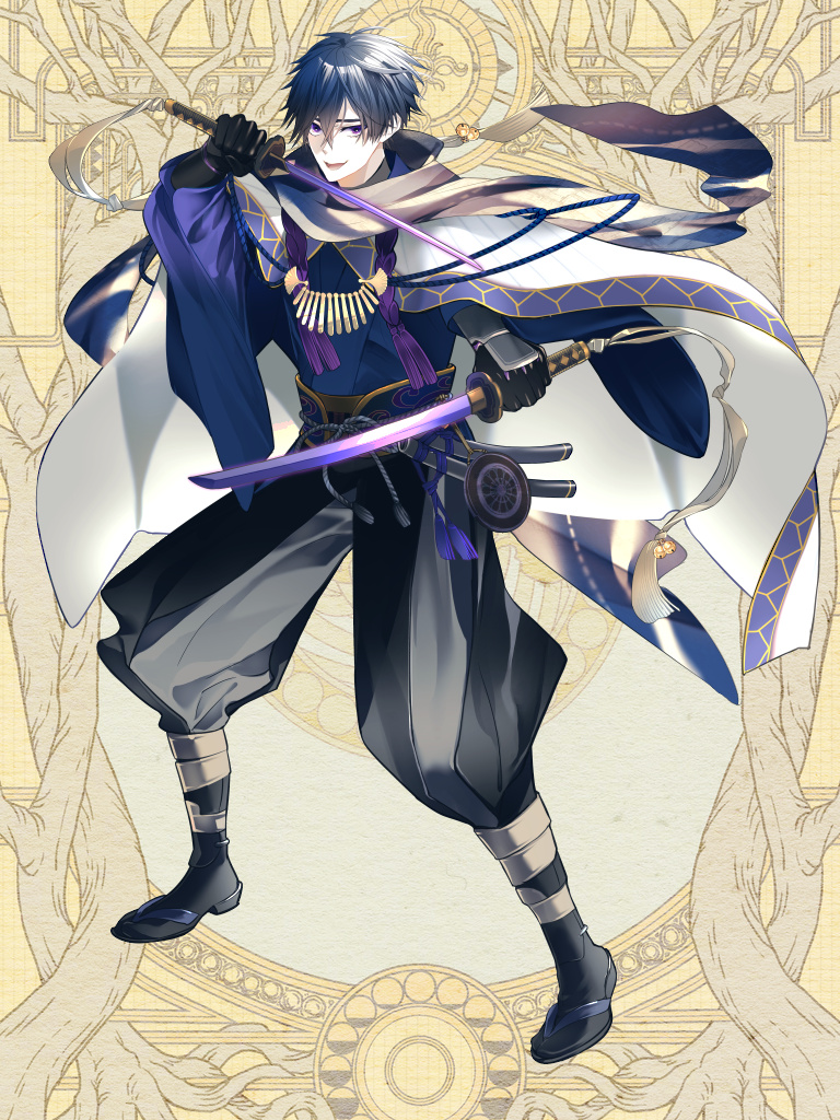 1boy, aoikami_murasaki, black_footwear, black_gloves, black_hair, cape, dairoku_ryouhei, dual_wielding