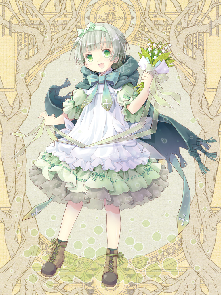 1girl, :d, bow, brown_footwear, cape, dairoku_ryouhei, dress, flower, green_bow, green_cape, green_eyes, green_hairband, green_ribbon, grey_hair, hairband, holding, holding_flower, hood, hood_down, hooded_cape, lily_of_the_valley, looking_at_viewer, muguet_blanche, open_mouth, puffy_short_sleeves, puffy_sleeves, ribbon, short_hair, short_sleeves, smile, solo, standing, touko_(tokotoko), yellow_background