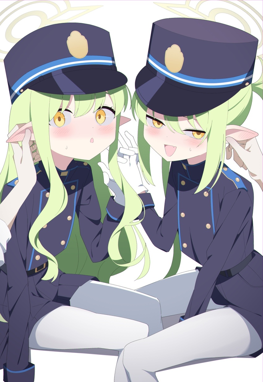 1other, 2girls, asagisui, black_jacket, black_shorts, black_skirt, blue_archive, green_hair