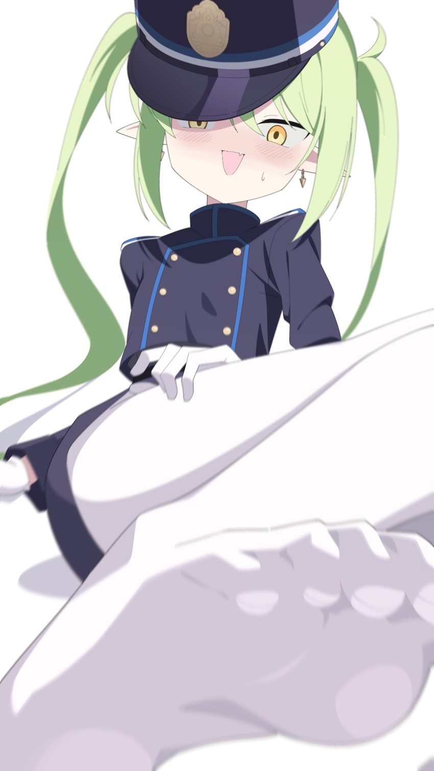 1girl, asagisui, black_jacket, black_shorts, blue_archive, foot_focus, green_eyes, highres, jacket, looking_at_viewer, nozomi_(blue_archive), pantyhose, shorts, solo, twintails, twitter, white_background, white_pantyhose, yellow_eyes