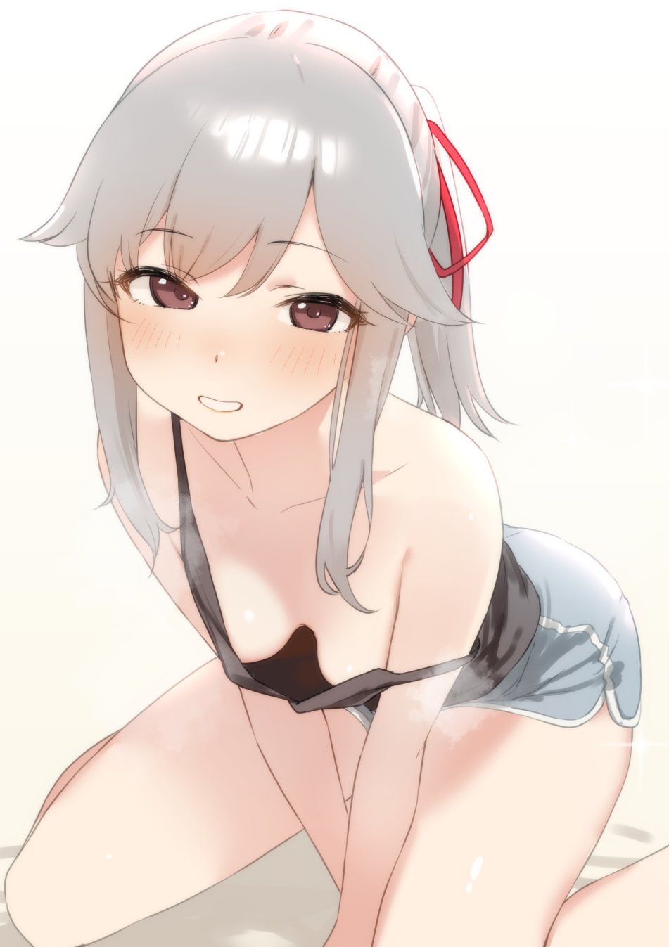 1girl, alternate_costume, black_camisole, blush, breasts, brown_eyes, camisole, collarbone