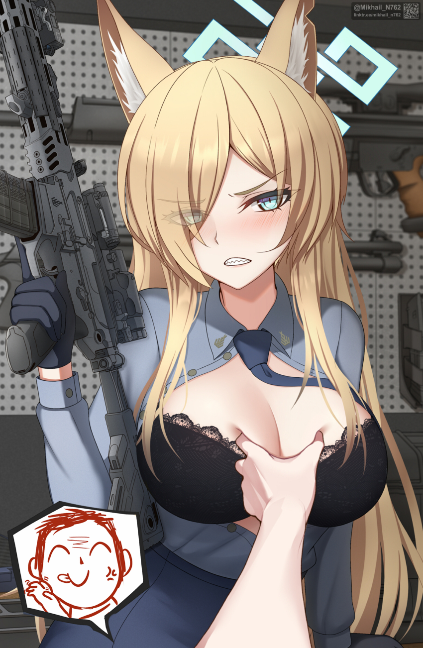 1boy, 1girl, animal_ear_fluff, animal_ears, ar-15, assault_rifle, black_bra, black_gloves, blue_archive, blue_eyes, blue_halo, blue_necktie, blue_shirt, blush, bra, collared_shirt, deep_skin, dog_ears, dog_girl, doodle_sensei_(blue_archive), eyes_visible_through_hair, gloves, grabbing_another's_breast, groping, gun, h&amp;k_psg1, hair_over_one_eye, halo, highres, holding, holding_gun, holding_weapon, kanna_(blue_archive), lace, lace-trimmed_bra, lace_trim, long_hair, magazine_(weapon), mikhail_n762, necktie, open_clothes, open_shirt, pegboard, pencil_skirt, pov_cheek_grabbing_(meme), rifle, scope, scowl, sensei_(blue_archive), sharp_teeth, shirt, shotgun, skirt, sniper_rifle, speech_bubble, teeth, tongue, tongue_out, unbuttoned, underwear, very_long_hair, weapon